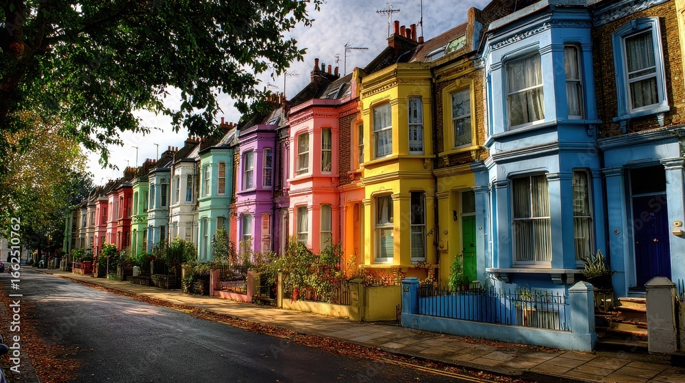 Fototapeta premium Colorful Row of Victorian Houses with Bright Facades and Decorative Architectural Details