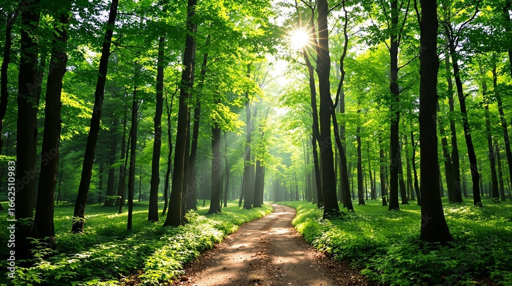 Fototapeta premium Sunlit Forest Path: Lush Green Trees and Winding Road