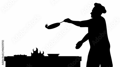 Silhouette of a chef tossing food in a pan over a stove with flames and dishes on the counter top