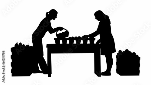 Silhouette of two women sorting produce at a table with baskets and crates filled with fruit or vegetables
