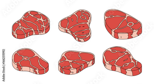 Collection of six different cuts of raw red meat showing marbling and texture perfect for culinary presentations or grilling guides