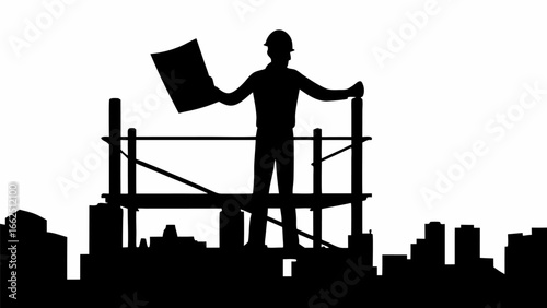 Silhouette of a construction worker on scaffolding holding a blueprint overlooking a city skyline view
