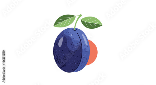 A vibrant juicy plum showing its smooth skin with two green leaves and another orange fruit behind it