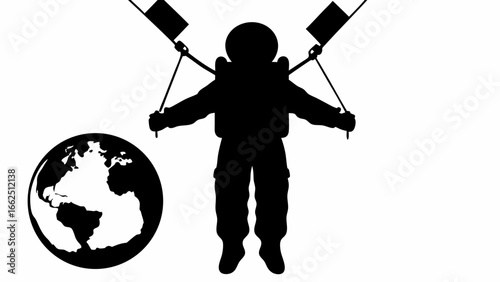 Silhouette of astronaut holding flags with earth visible in the background on a white surface