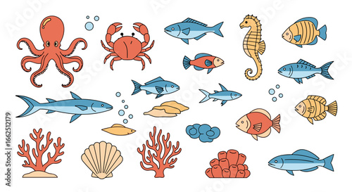 Collection of colorful marine life illustrations featuring various sea creatures and underwater flora