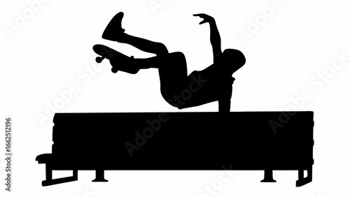 Silhouette of skateboarder performing a trick over a bench in a black and white illustration style image