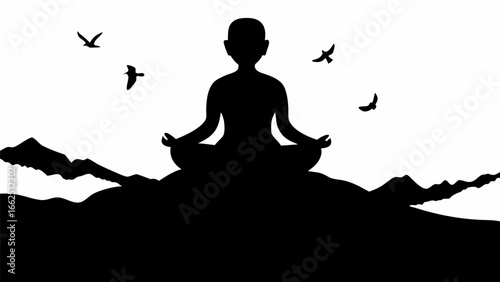 Silhouette of person meditating on hill with flying birds against a white background in black and white
