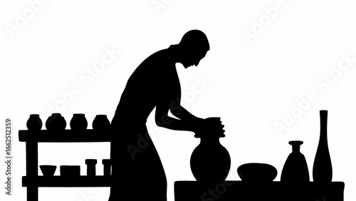Silhouette of a potter shaping clay on a wheel with pottery displayed on shelves and table in the background