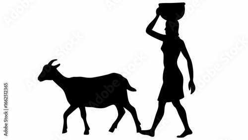 Silhouette of a woman carrying a bowl on her head walking next to a goat in a black and white image