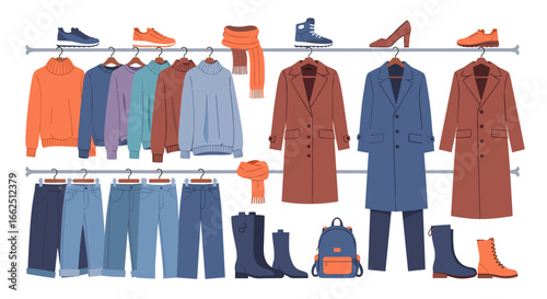 Collection of stylish seasonal clothing and footwear organized on racks and shelves for a fashionable wardrobe