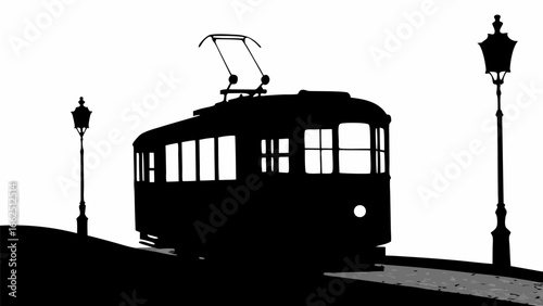 Silhouette of a vintage tram with overhead wires and two street lamps against a white background scene view