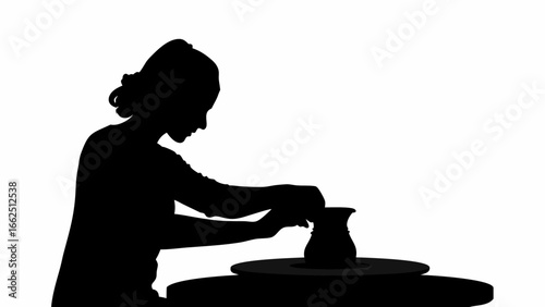Silhouette of a woman shaping clay on a pottery wheel in a studio creating a beautiful vase shape