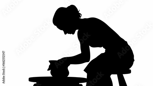 Silhouette of a woman shaping clay on a pottery wheel in a studio with natural light and focused attention