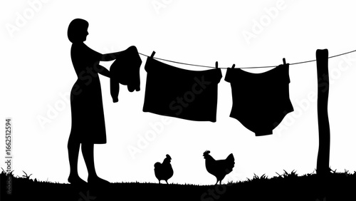 Silhouette of a woman hanging laundry on a clothesline with chickens in a black and white illustration