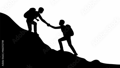 Silhouette of two people hiking up a hill with one person helping the other by extending their hand up hill