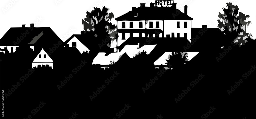 Fototapeta premium Black and White Silhouette of Houses and Trees