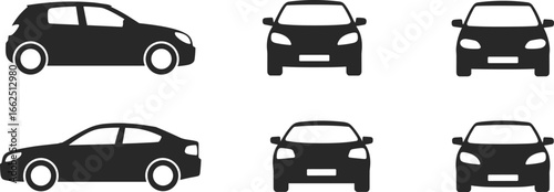 Black and white car silhouette vector set, compact hatchback and sedan front and side views, minimal automotive design for comparison and education