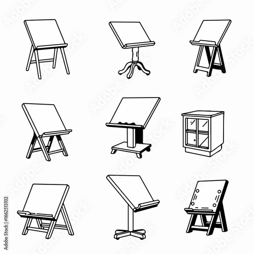 Collection of various art easels, music stands, and display podiums in a simple black and white line art vector style for creative projects.