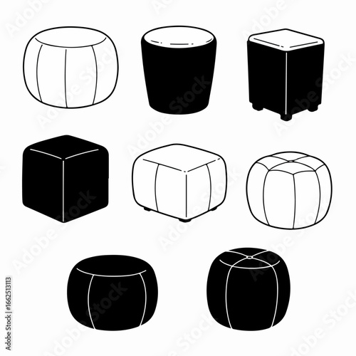 A diverse collection of pouf and ottoman designs in black and white outline and solid silhouette styles.