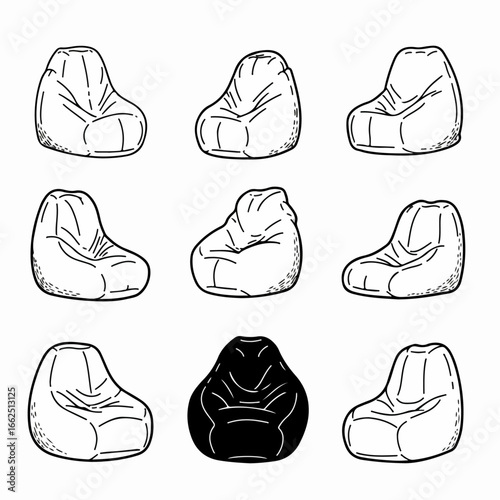 Collection of hand-drawn bean bag chairs, featuring eight black and white outline illustrations and one contrasting solid black silhouette, representing comfortable and casual modern furniture.