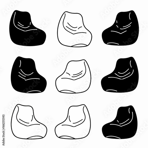 Collection of nine bean bag chairs in black silhouette and outline styles, ideal for modern interior design and relaxation concepts.