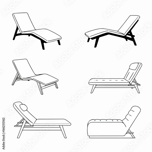 Set of six minimalist outline drawings showcasing different lounge chair designs for comfort, leisure, and outdoor relaxation.