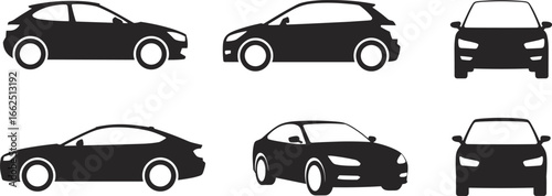 Black car silhouette vector set, hatchback and sedan, side view, front view, rear view, automotive icons, isolated vehicle design, transport template