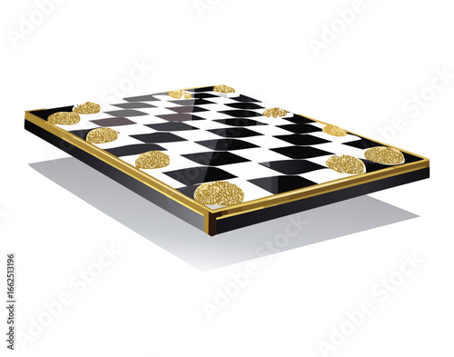 A diagonal low-angle view of a checkered chess board with an elegant gold border and glossy finish