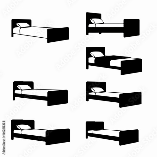 A collection of diverse bed silhouette icons in black and white, suitable for hotel, sleep, and accommodation design elements.