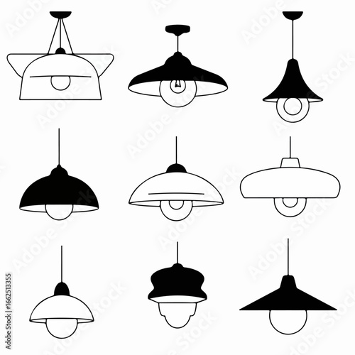 Set of various minimalist black and white ceiling lamps and pendant light fixtures.