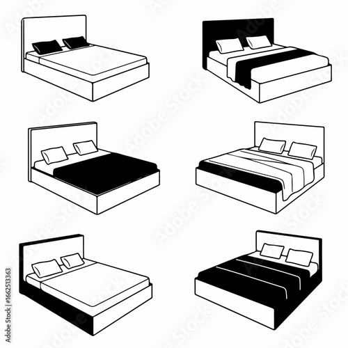 Black and white line art vector icons of various bed types with different bedding arrangements for bedroom furniture and interior design.