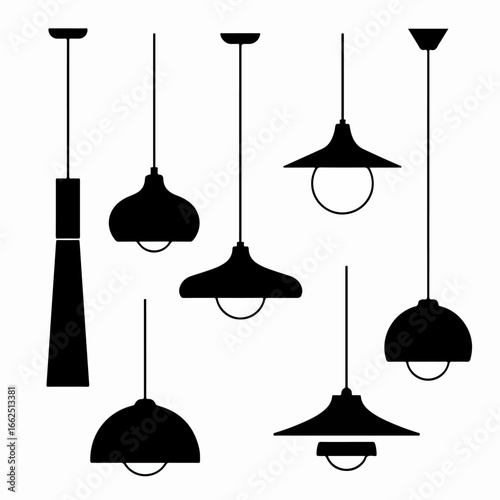 Collection of diverse hanging pendant lamp and chandelier silhouettes, ideal for modern interior design and lighting concepts.