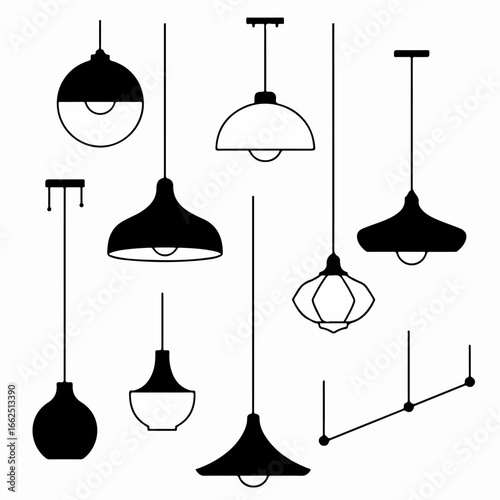 Diverse collection of modern and classic pendant light fixtures in black and white, featuring various styles for interior design and lighting concepts.