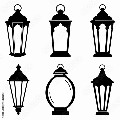 Six distinct black silhouette lantern icons, featuring traditional Islamic, ornate Middle Eastern, and classic outdoor lamp designs for various festive occasions.