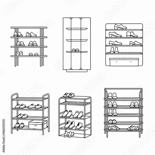 Outline vector icons of shoe racks with various footwear, depicting home organization and storage solutions.