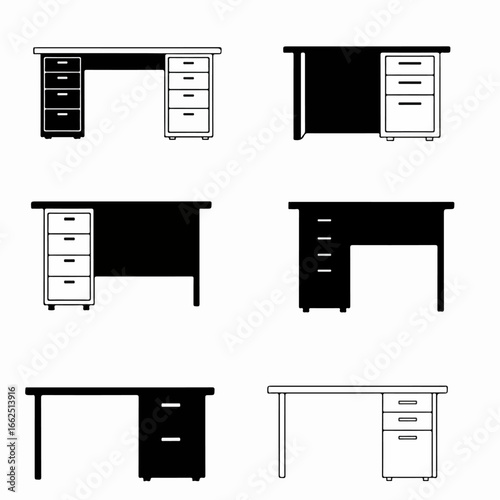 Collection of six stylized office desk icons, presented in solid black and outline variations, representing workspace furniture.