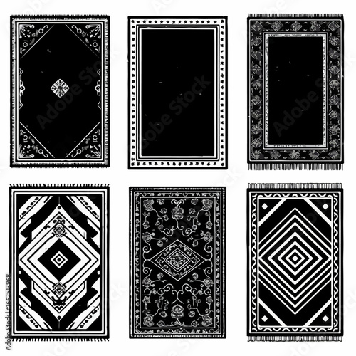 Collection of six diverse black and white rug designs featuring traditional, geometric, and ornamental patterns with fringe details, ideal for home decor.