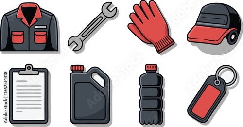 Cartoon Automotive Repair Tools Overalls, Wrench, Gloves, Cap, Clipboard, Oil Containers, Keyring Graphics