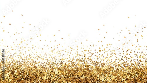 Gold glitter confetti on a white background, densely concentrated at the bottom