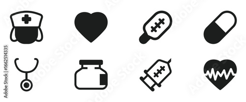 Medicine and Healthcare Icons - Big Series. Medical essentials icon set. Heartbeat monitor, stethoscope, pill, and first aid cross for health management visuals
vector illlustration.