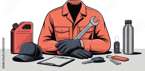 Cartoon Mechanic in Orange Jumpsuit with Wrench, Gas Can, Keys, and Clip Board on Table