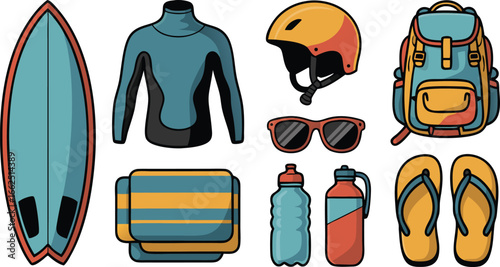 Cartoon of Surfboard, Wetsuit, Helmet, Sunglasses, Backpack, Towel, Bottles, and FlipFlops, Lined Up for Adventure