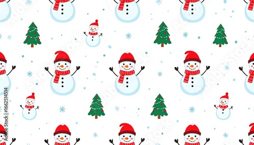 Festive winter pattern with snowmen and trees