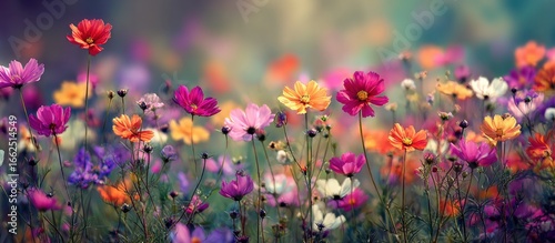 Colorful Wildflower Meadow with Blooming Flowers in Vibrant Shades and Natural Setting