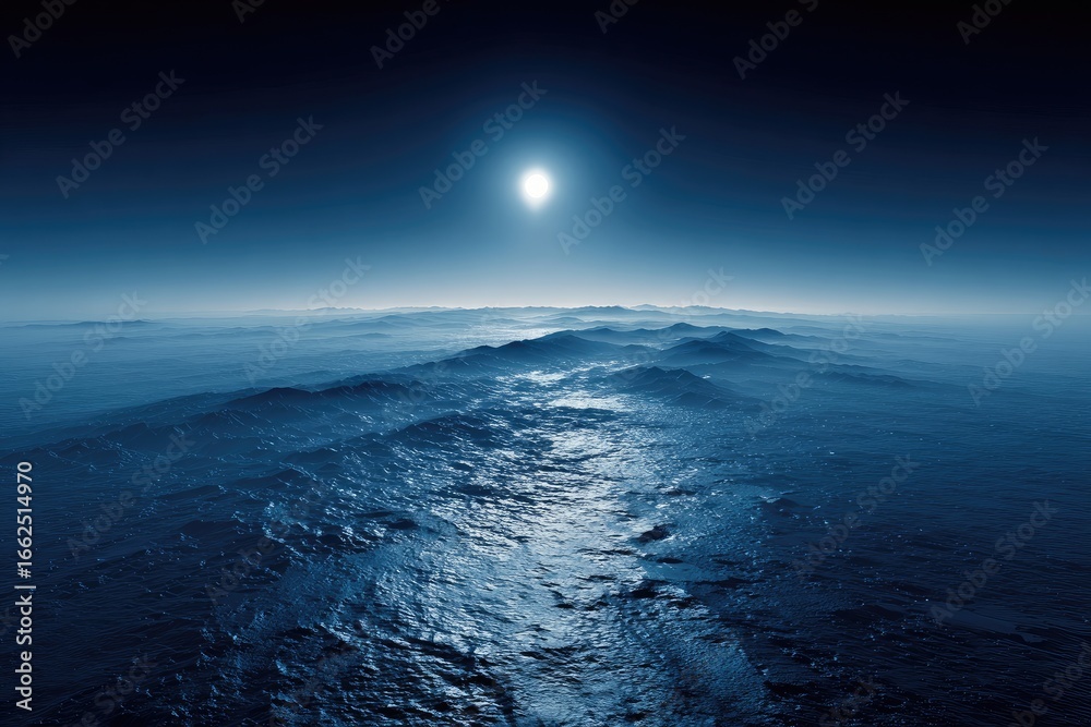 Fototapeta premium Vast ocean, alien landscape, sunlit horizon