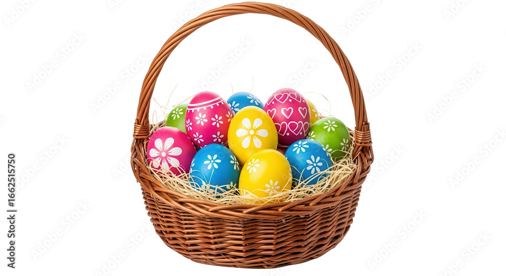 Naklejka premium Colorful Easter eggs in wicker basket isolated PNG with Transparent Background
