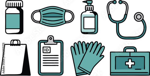 Illustrated Medical Kit Essentials Mask, Stethoscope, Gloves, Hand Sanitizer, Pills, ID Card, and Bag