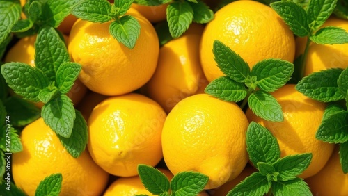 Closeup of lemons with fresh mint leaves
