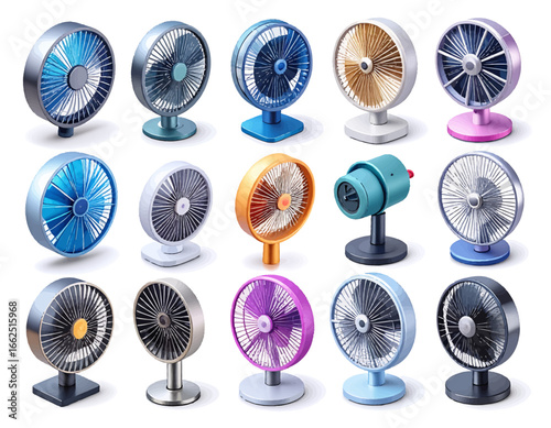 A diverse collection of modern electric desk fans in various colors and designs, showcasing cooling technology