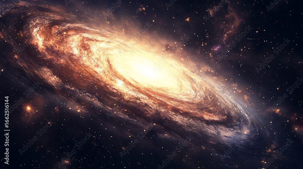 Obraz premium Spiral galaxy in deep space. Vast swirling arms of cosmic dust and light radiate from a brilliant galactic center. Star-studded darkness surrounds the luminous spiral structure